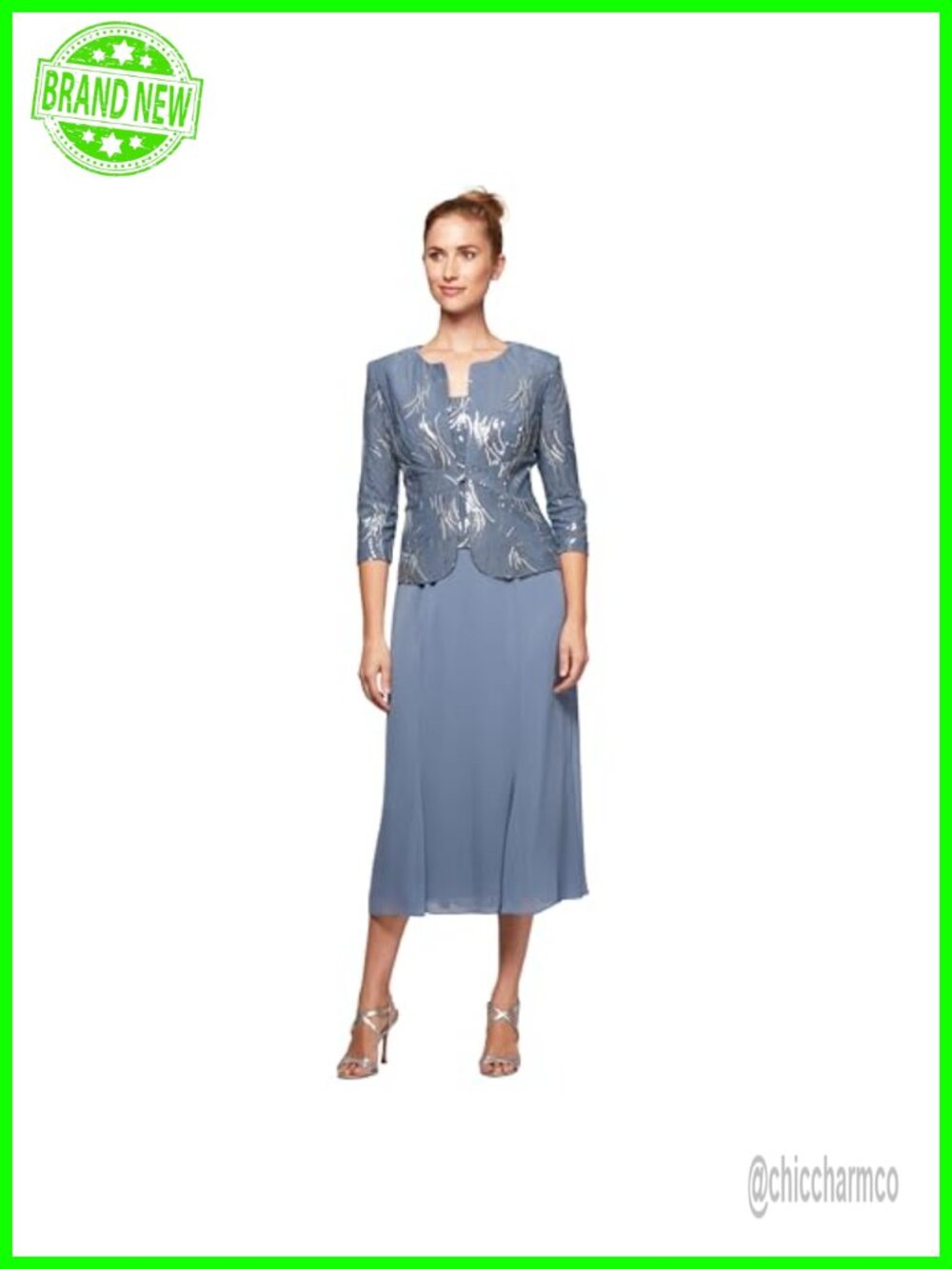 Tea Length Jacket Dress Set Lace Bodice Formal Wedding Guest